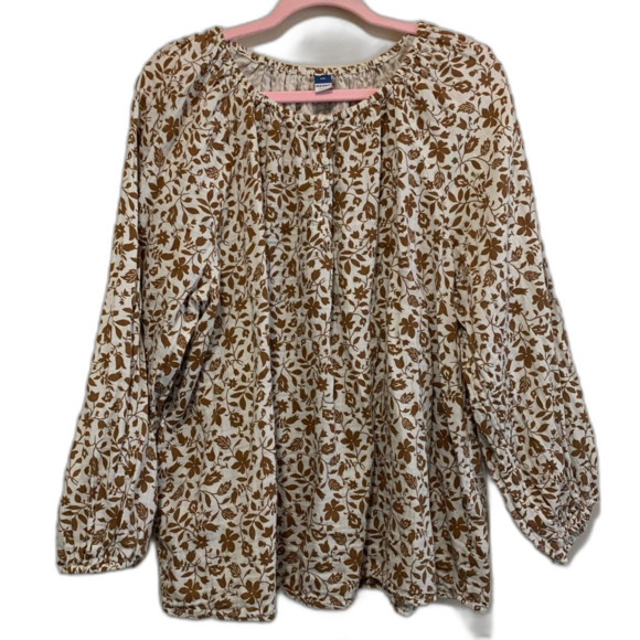 Old Navy Shirred Double-Weave Blouse brown floral gauze cotton peasant top xxl - Picture 1 of 9
